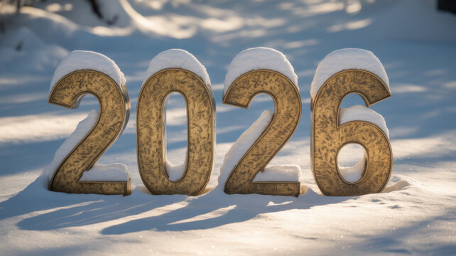 Golden 2026 numbers covered in snow representing the year ahead a festive winter holiday concept
