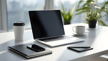 Office desk with laptop, Modern workspace with gadgets