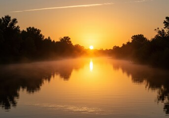 Fototapeta premium Brilliant golden sunlight bursts across the morning sky, casting warm reflections on the calm, flowing river water at dawn ,orange ,stream ,bright