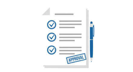 Checklist with completed tasks a pen and an approval stamp illustration