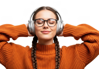 Young woman wearing headphones and glasses enjoying music with eyes closed isolated on transparent background