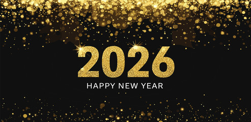 Elegant New Year 2026 celebration banner featuring a cascade of shimmering gold glitter and sparkling typography on a sophisticated black background