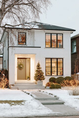 Contemporary white brick house with snow-covered roof, black window frames, Christmas trees