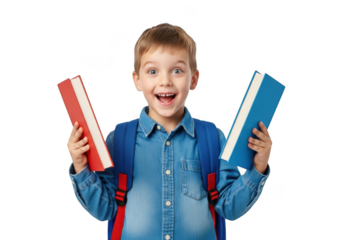 Excited young boy with a backpack holding two colorful books in his hands isolated on transparent background