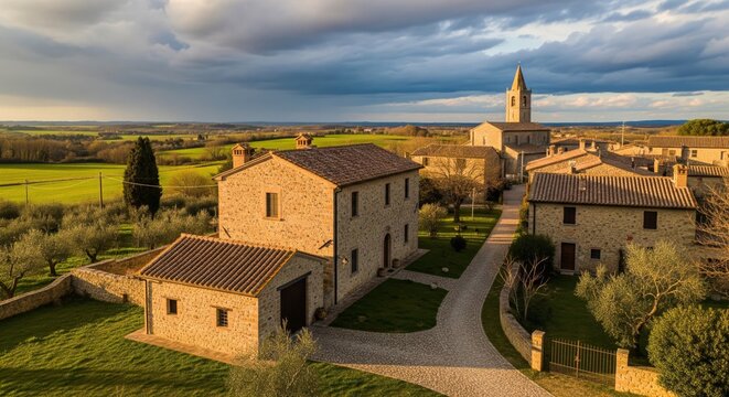 A picturesque aerial view of a traditional Italian village with stone houses and a church tower amidst green fields under a dramatic sky. - Powered by Adobe
