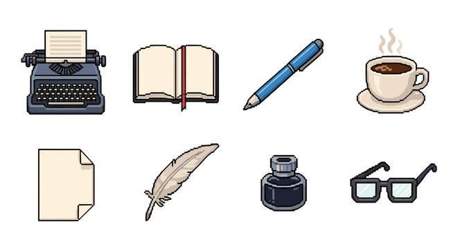 Retro writing and coffee essentials in pixel art style