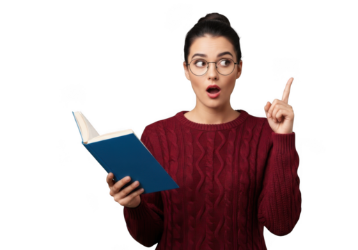 Young woman wearing glasses holding a book and having an idea isolated on transparent background