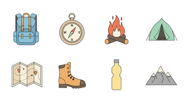 Essential camping icons set featuring backpack, compass, tent, and more for outdoor adventure enthusiasts