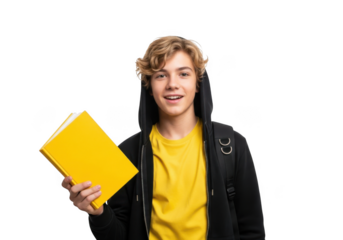 Smiling young student with blond hair wearing a yellow shirt and dark hoodie holding a bright yellow book isolated on transparent background