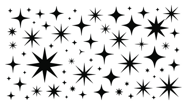 Shine and sparkle vector collection of black stars, starbursts, and twinkles isolated on a clear background, perfect for festive designs