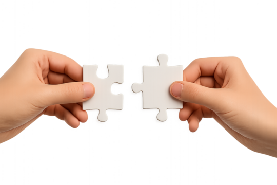 Hands connecting two white jigsaw puzzle pieces for a teamwork solution. Isolated on transparent background, png