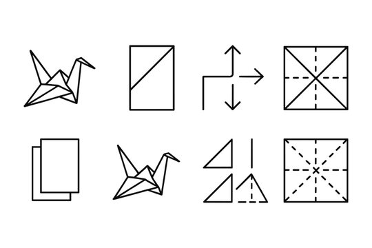 Origami crane line icons set with folding instructions and symbols