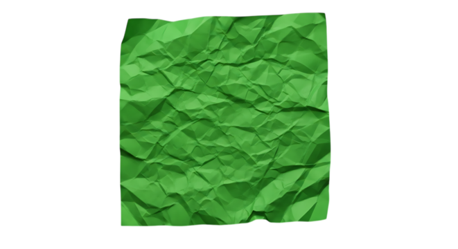 Crumpled green paper texture background with irregular folds and wrinkles, providing an abstract surface. isolated on transparent background
