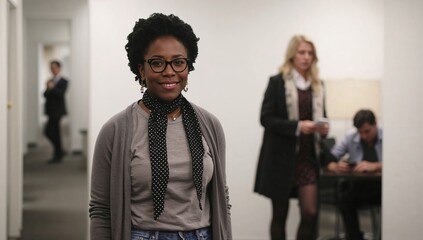 Young Woman in Glasses Standing Confidently in a Modern Office Environment