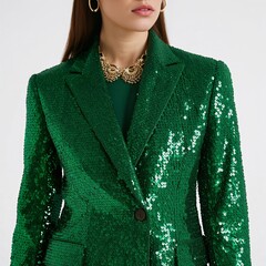 Elegant Green Sequined Blazer Worn With a Statement Necklace for a Stylish Evening Look