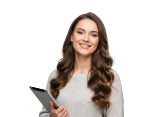 Smiling young woman with long wavy brown hair holding a tablet computer isolated on transparent background