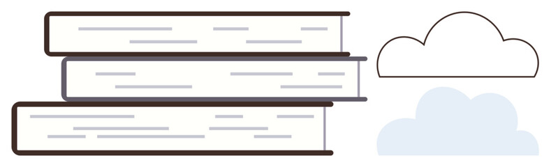 Three stacked books paired with a cloud icon symbolizing education, knowledge sharing, digital learning transition, e-books, library resources, distance learning, and innovative pedagogy. Ideal