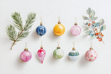 Fototapeta premium Watercolor Illustration of various red Christmas ornament balls on white background, AI generated