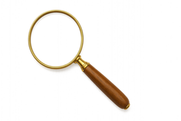 Classic magnifying glass with a wooden handle and gold frame for search. Isolated on transparent background, png