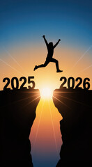Silhouette of a person jumping from 2025 to 2026 over a gap concept for new year goals and future success with a bright sunrise