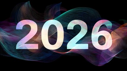 Happy New Year 2026. Abstract colorful wave background. Sparkling colorful numbers 2026.