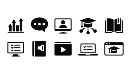 E-learning and online education concept vector icons. digital learning, growth, communication, video, assessment, and academic success symbols set.