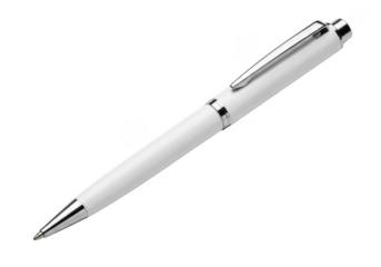 A sleek white ballpoint pen with a silver clip and tip elegantly presented isolated on transparent background