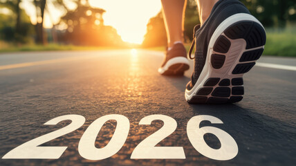 A close-up of a runner’s foot in motion on a road marked with 2026 as the sun sets in the background
