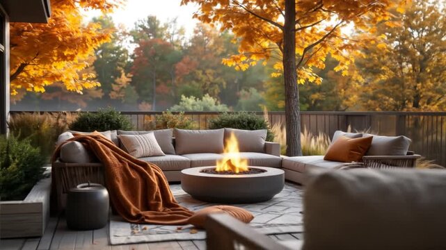 Outdoor living space with a modern sofa, fire pit, and beautiful fall foliage