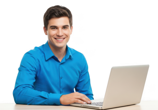Smiling young man in a blue button down shirt working on a laptop computer isolated on transparent background