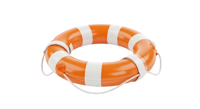 Bright orange and white life ring with white ropes isolated on a clean white background isolated on white background