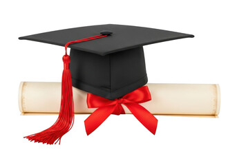 Academic achievement symbolized by a graduation cap and diploma tied with a red ribbon isolated on transparent background