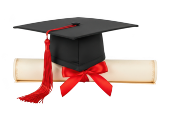 Academic achievement symbolized by a graduation cap and diploma tied with a red ribbon isolated on transparent background