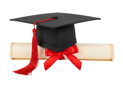 Academic achievement symbolized by a graduation cap and diploma tied with a red ribbon isolated on transparent background