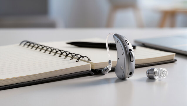 Modern behind-the-ear (BTE) digital hearing aid resting on an open notebook and desk. Concept of hearing loss treatment, technology, and improved quality of life