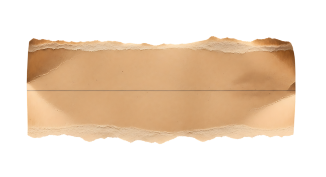 Aged brown torn paper strip with ragged edges and subtle horizontal crease on an isolated background isolated on transparent background