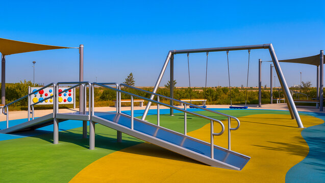 Modern, inclusive, and accessible playground with a ramp, slide, swings, and vibrant rubber flooring under a sunny blue sky. Concept of safe play and child development.