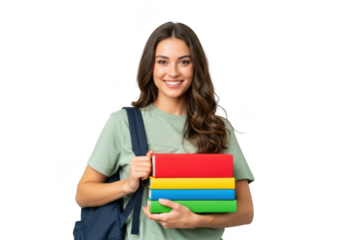 Smiling young woman with backpack holds stack of colorful books isolated on transparent background