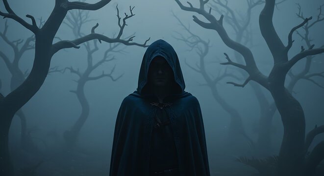 Figure in Cloak with Hood in Eerie Forest Scene