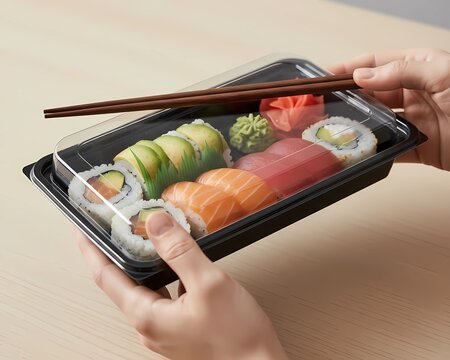 sushi on a plate, Sushi Takeout Box, Close-Up of Hands Holding a Black Plastic Takeout Box with Assorted Sushi Rolls and Nigiri, Including Salmon, Tuna, and Avocado, with Chopsticks on Top