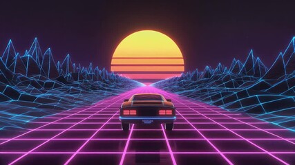 Retro style car rear view driving on a glowing neon grid road towards a vibrant stylized sunset in a futuristic wireframe landscape - Powered by Adobe