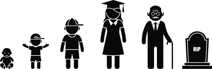 Silhouette figures representing the stages of human life from infancy to death
