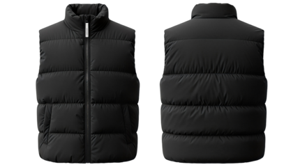 Black puffer vest mockup front and back view Isolated on transparent background, png