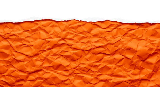 Vibrant orange crumpled paper texture with a rugged torn edge border for creative design isolated on transparent background