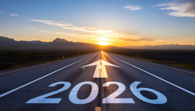 Road to 2026 with arrow pointing forward symbolizing future goals and new year aspirations against a scenic sunset backdrop