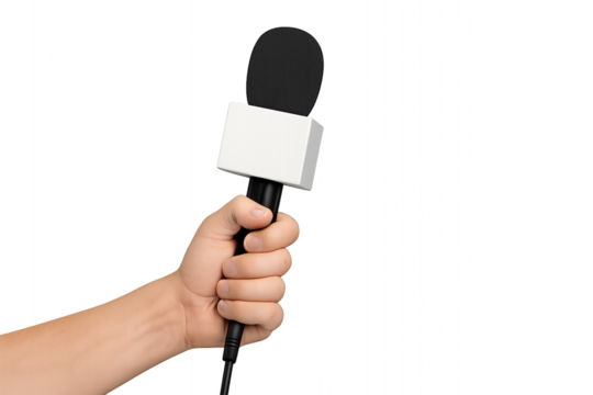 Hand holding a reporter's microphone with a blank flag for an interview. Isolated on transparent background, png