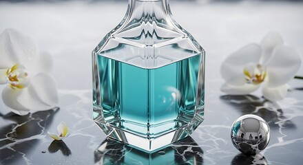 The allure of luxury fragrance bottles, with faceted glass shining like diamonds, set against elegant marble and delicate orchids