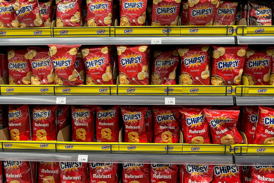 Bar, Montenegro, 30 October 2025, Chipsy potato chips on shelf grocery store