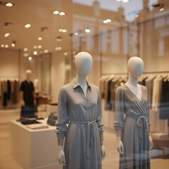 Women's Fashion Boutique, Mannequins in Window Display, Storefront with Dresses and Reflections