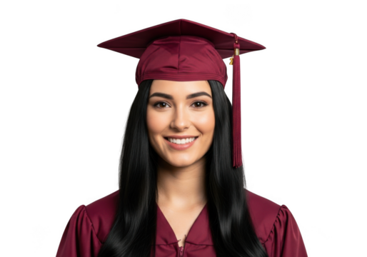 A smiling young woman wearing a maroon graduation cap and gown ready for her academic achievement celebration isolated on transparent background